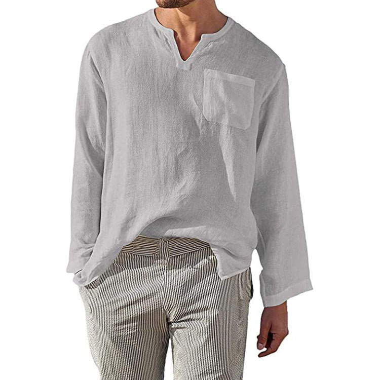 Men’s Long Sleeve Shirt – Linen Cotton Blend – Relaxed Fit – Band Collar Casual