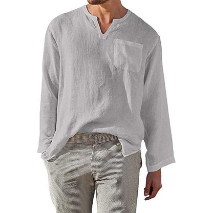 Men’s Long Sleeve Shirt – Linen Cotton Blend – Relaxed Fit – Band Collar Casual