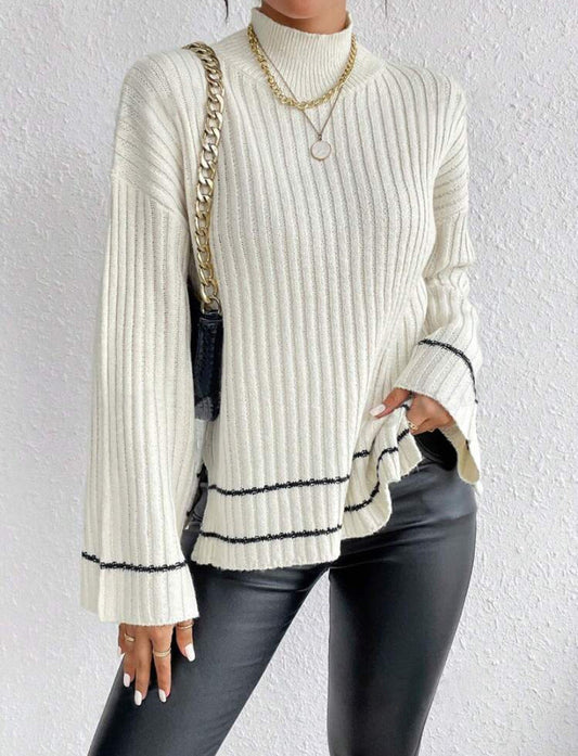 Women’s Knitted Sweater – Oversized Fit – Ribbed Mock Neck – Flared Long Sleeves