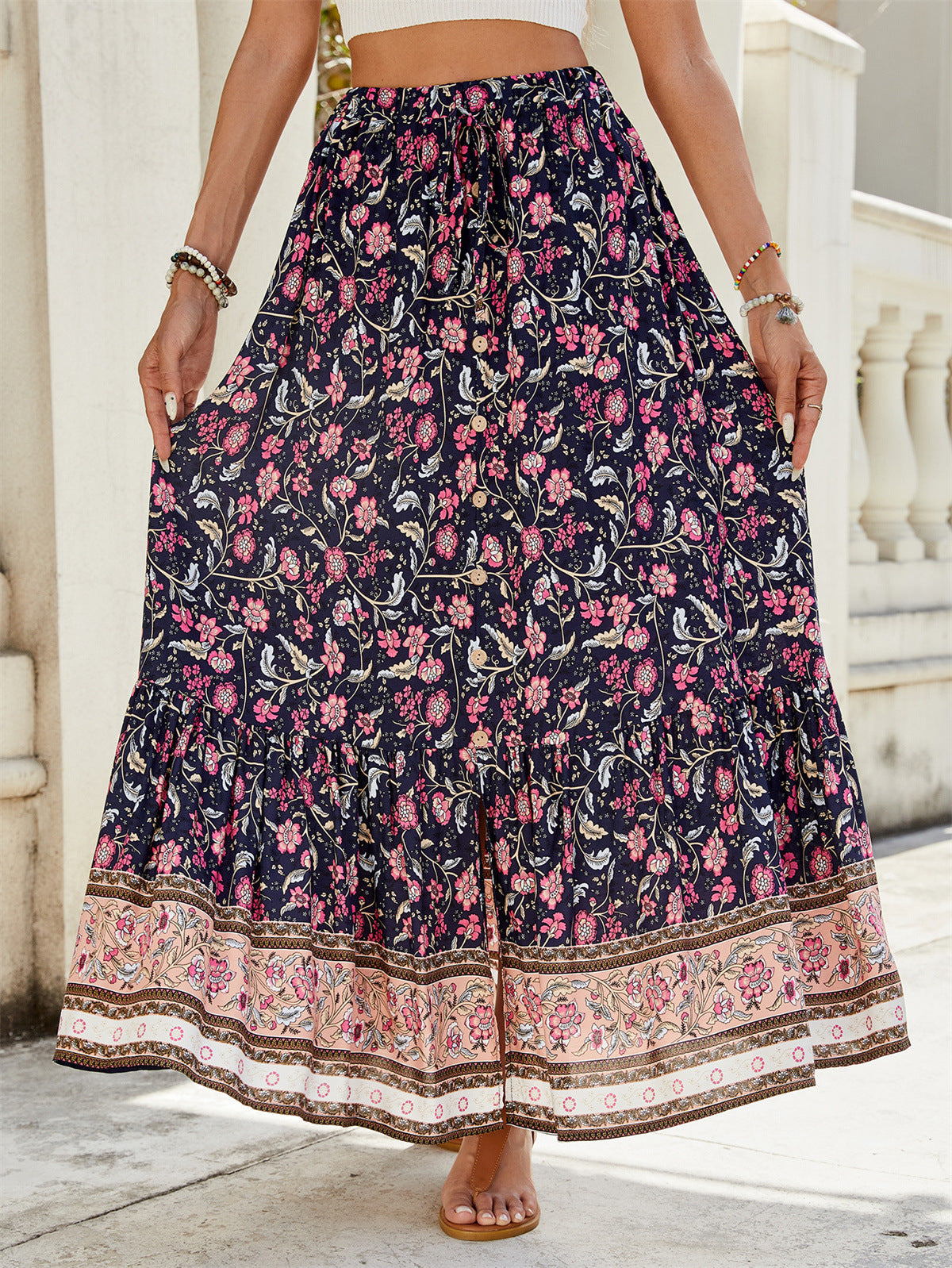 Women’s Maxi Skirt – Relaxed Flowy Fit – Tiered Boho Style – Floral Print – Natural Fibers