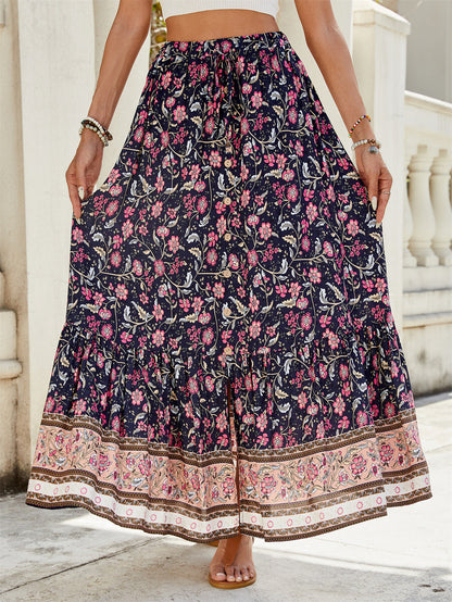 Women’s Maxi Skirt – Relaxed Flowy Fit – Tiered Boho Style – Floral Print – Natural Fibers
