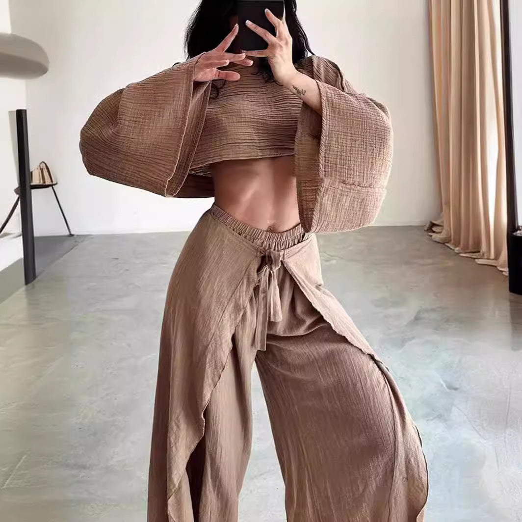 Women’s Two-Piece Set – Linen Blend – Cropped Top – Wide-Leg Trousers – Relaxed Fit