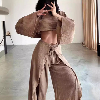 Women’s Two-Piece Set – Linen Blend – Cropped Top – Wide-Leg Trousers – Relaxed Fit