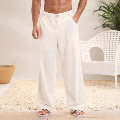 Men’s Trousers – Cotton Linen Blend – Relaxed Fit – Elastic Waist – Full Length