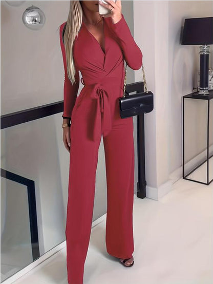 Women’s Jumpsuit – V-Neck Wrap Style – Long Sleeve – Wide Leg – Tailored Fit – Soft Fabric