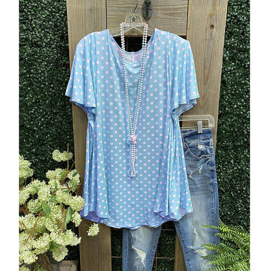 Women’s Tunic Top – Relaxed Fit – Short Sleeve – Polka Dot – Breathable Blend