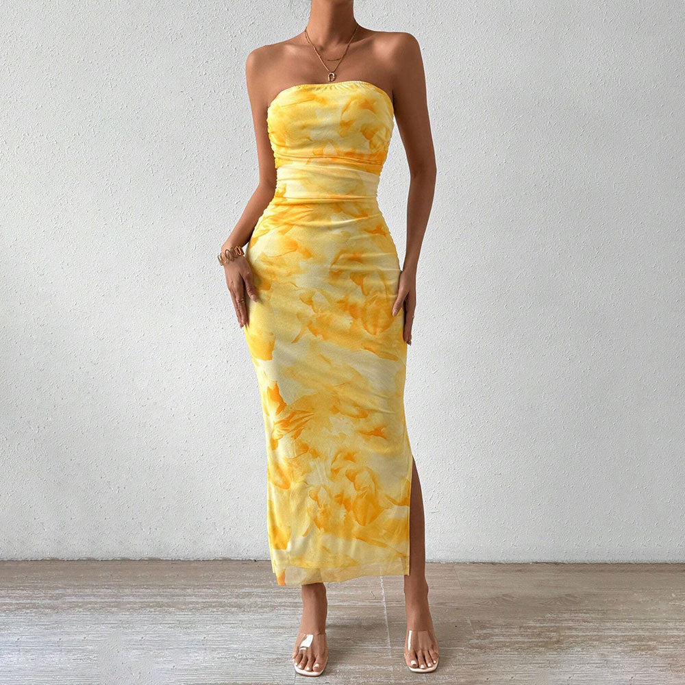Women’s Maxi Dress – Strapless Slim Fit – Mesh Overlay – Side Slit Evening Wear
