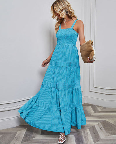 Women’s Sundress – Full Length – Smocked Bodice – Tiered Skirt – Spaghetti Straps