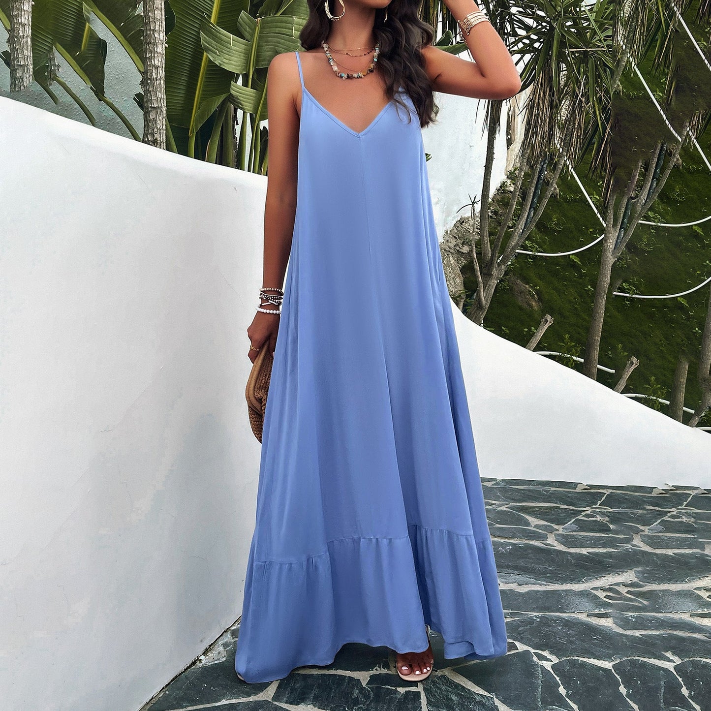 Women’s Maxi Dress – A-Line Fit – V-Neck Lace – Lightweight Cotton Blend – Sleeveless
