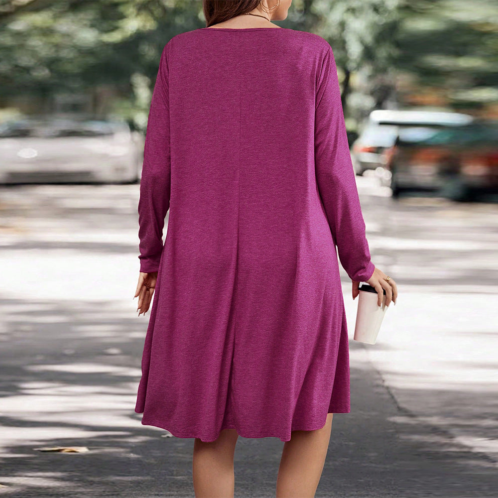 Women’s Long Sleeve Midi Dress – Relaxed Fit – Knit Fabric – Flowy A-Line with Pockets