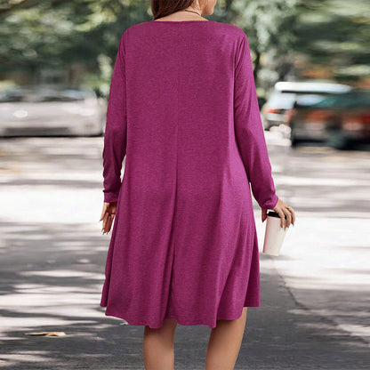 Women’s Long Sleeve Midi Dress – Relaxed Fit – Knit Fabric – Flowy A-Line with Pockets