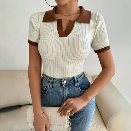 Women’s Knit Polo Shirt – Slim Fit – Ribbed Texture – Cropped Waist – V-Neck – Short Sleeve