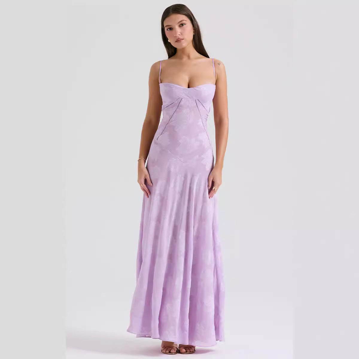 Women’s Evening Gown – Chiffon Slim Fit – Spaghetti Straps – Embroidered Draped Panel
