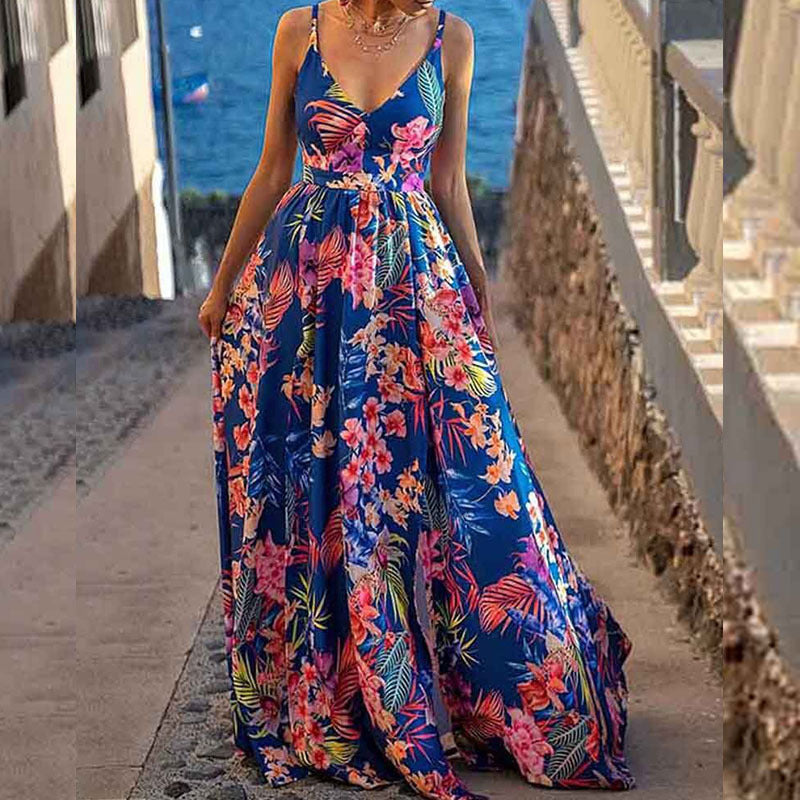 Women’s Maxi Dress – A-Line Fit – Spaghetti Straps – Plunging Neckline – Printed Design