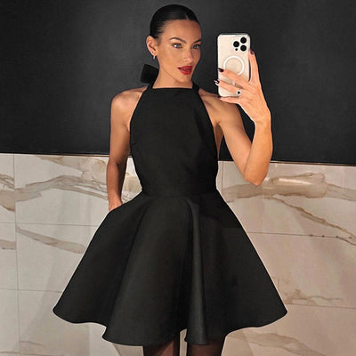 Women’s Mini Dress – Satin Look – Halter Neck – Backless A-Line – Elegant Fit