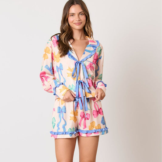 Women’s Pajama Set – Satin Finish – Relaxed Fit – Bow Top – Ruffle Trim Shorts