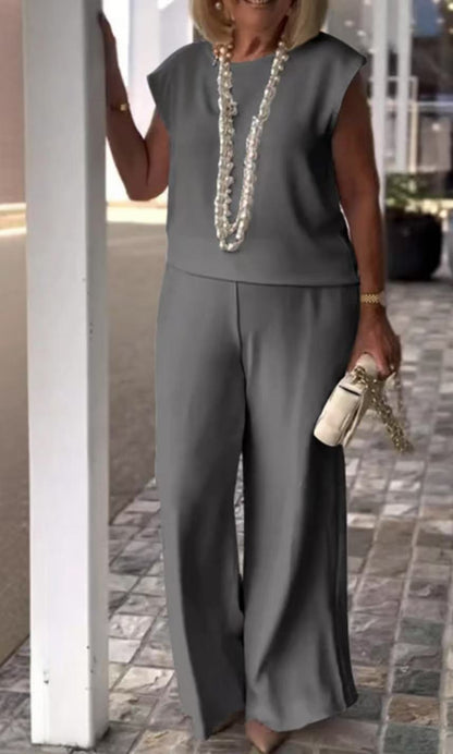 Women’s Two-Piece Set – Sleeveless Top – Wide-Leg Trousers – Lightweight Elegant Fit