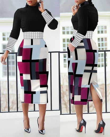 Women’s Midi Dress – Slim Fit – Polka Dot Stripe – Long Sleeve – Back Slit Elegant Style