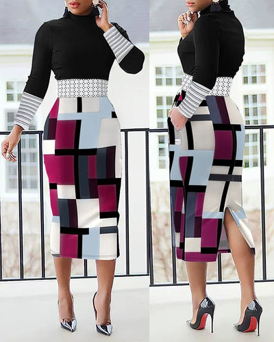 Women’s Midi Dress – Slim Fit – Polka Dot Stripe – Long Sleeve – Back Slit Elegant Style