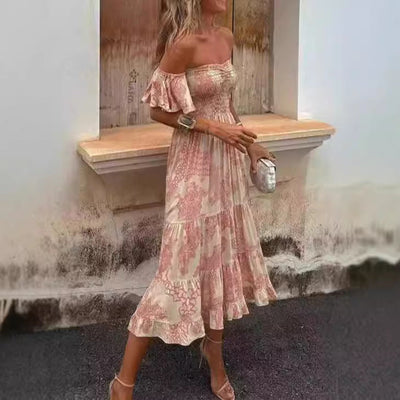 Women’s Off-Shoulder Midi Dress – Smocked Bodice – Ruffled Tiers – Lightweight Fit