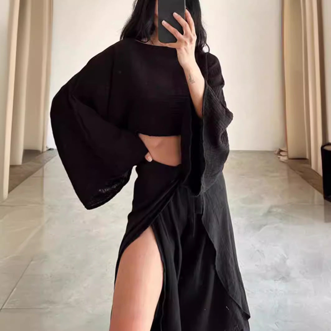 Women’s Two-Piece Set – Linen Blend – Cropped Top – Wide-Leg Trousers – Relaxed Fit