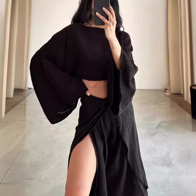 Women’s Two-Piece Set – Linen Blend – Cropped Top – Wide-Leg Trousers – Relaxed Fit