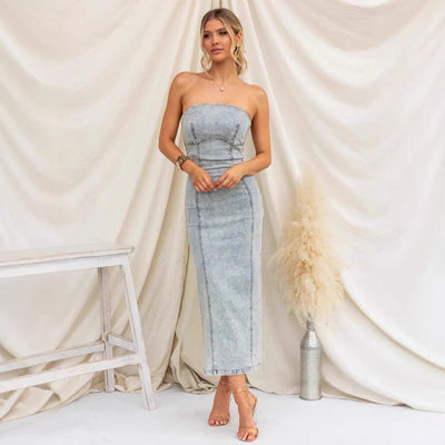 Women’s Strapless Midi Dress – Slim Fit – Denim – Structured Seam Detailing