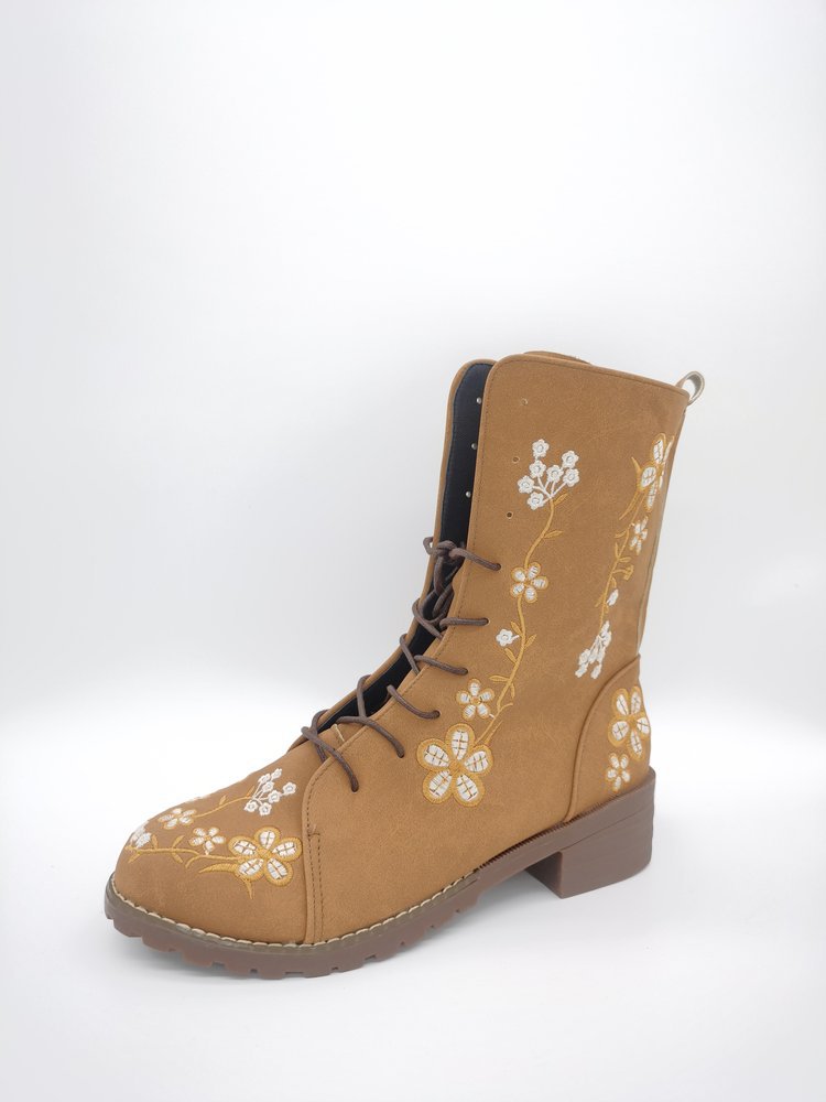 Women’s Mid-Calf Boots – Embroidered Floral – Block Heel – Lace-Up with Side Zip