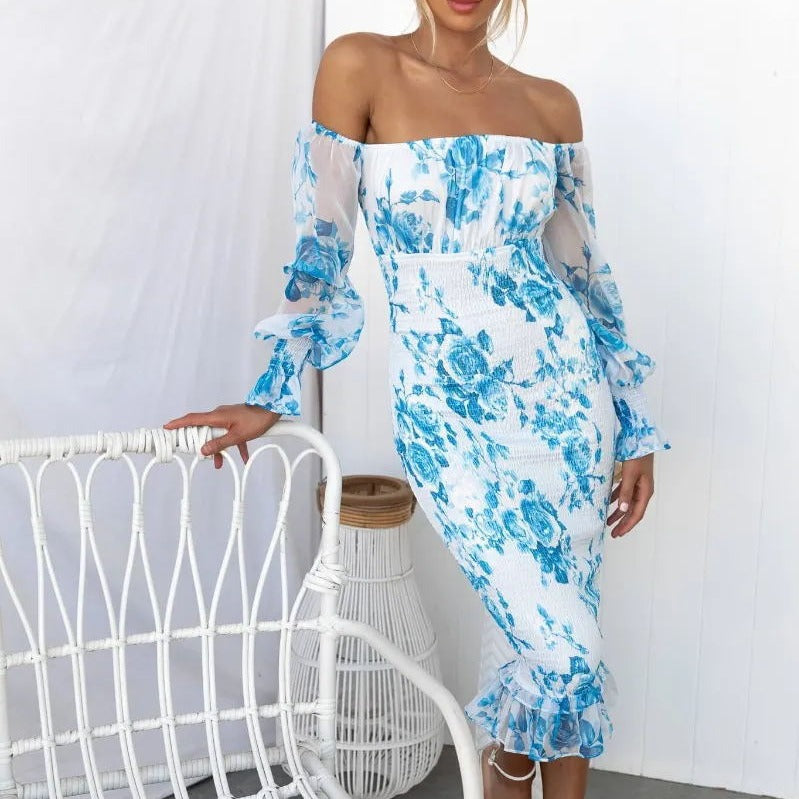 Women's Off-Shoulder Bodycon Dress - Floral Print - Sheer Puff Sleeves - Ruffled Hem