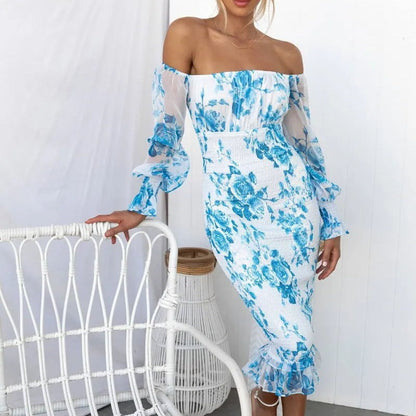 Women's Off-Shoulder Bodycon Dress - Floral Print - Sheer Puff Sleeves - Ruffled Hem