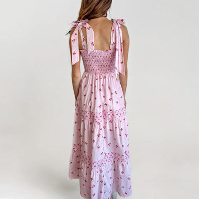 Women’s Sundress – Smocked Bodice – Tiered Maxi Skirt – Tie Straps – Floral Print