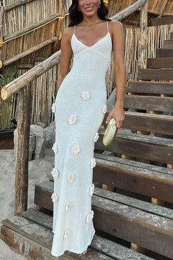 Women’s Slip Dress – Slim Fit – Knit Fabric – 3D Floral Detail – Open Back Tie Design
