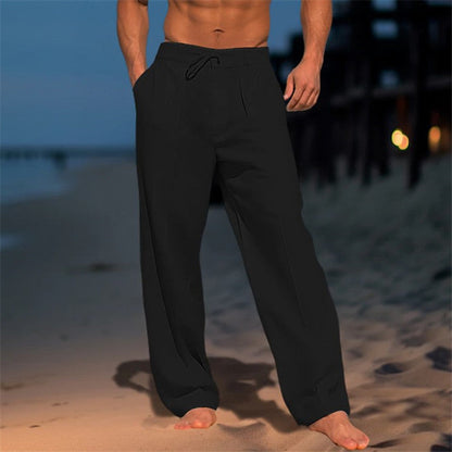 Men’s Linen Trousers – Relaxed Fit – Drawstring Waist – Pleated Front – Full Length