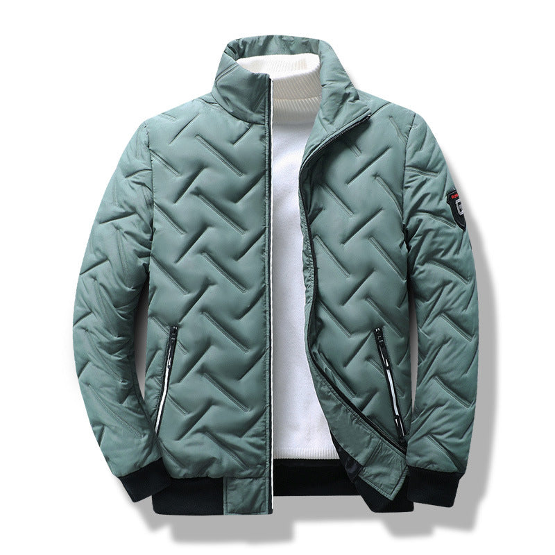 Men’s Quilted Jacket – Slim Fit – Chevron Pattern – Stand Collar – Zippered Pockets