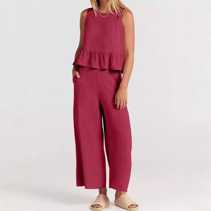 Women’s Peplum Top – Lightweight Cotton Blend – Relaxed Fit – Sleeveless Rounded Neckline