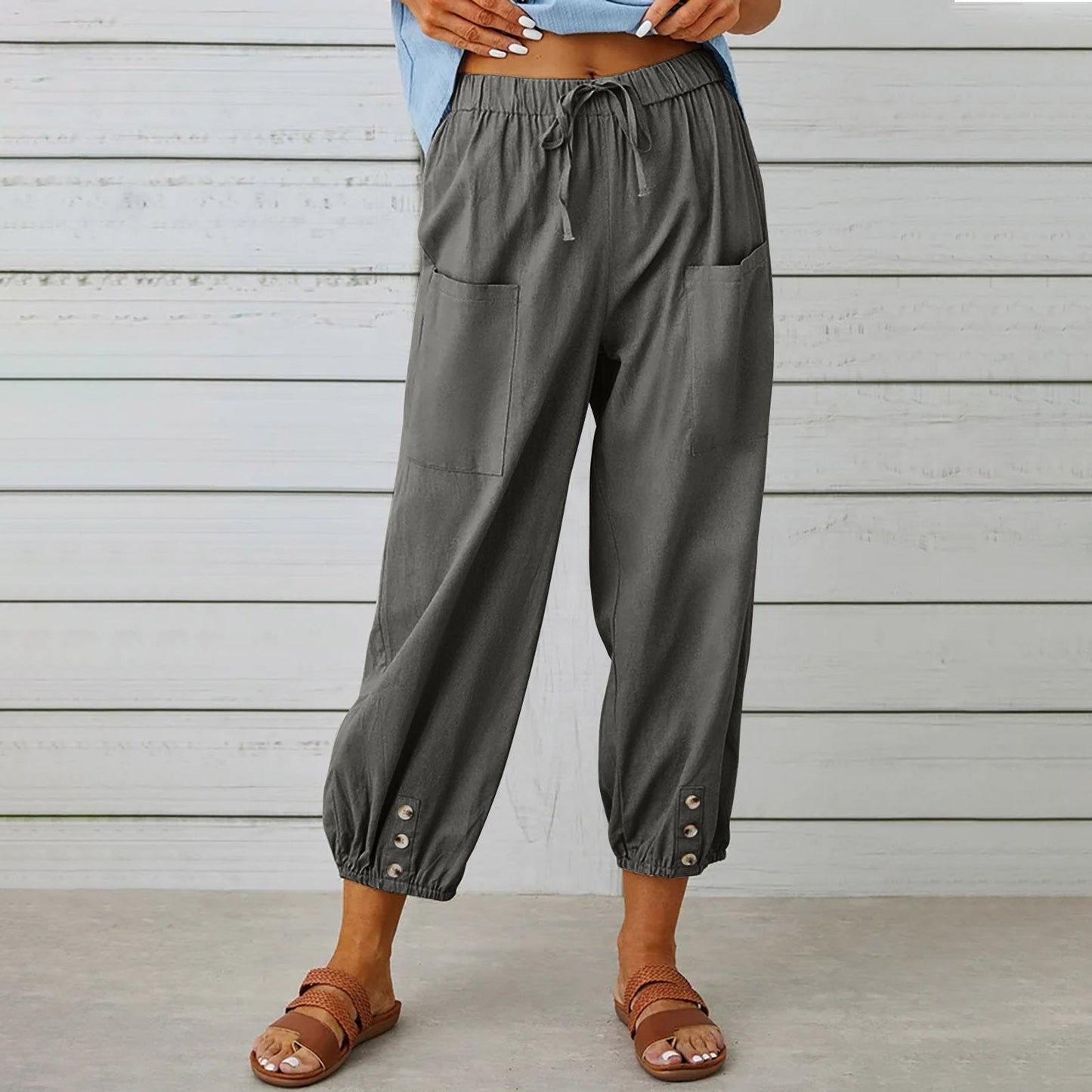 Women’s Cropped Pants – Cotton Linen Blend – High Waist – Loose Fit – Elasticated Hem