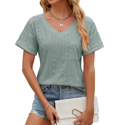 Women’s T-shirt – Relaxed Fit – V-neck – Eyelet Pattern – Short Sleeve – Breathable Blend
