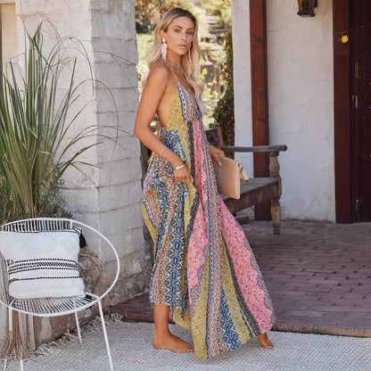 Women’s Maxi Dress – Cotton Blend – Relaxed Fit – V-Neck – Open Back – Printed