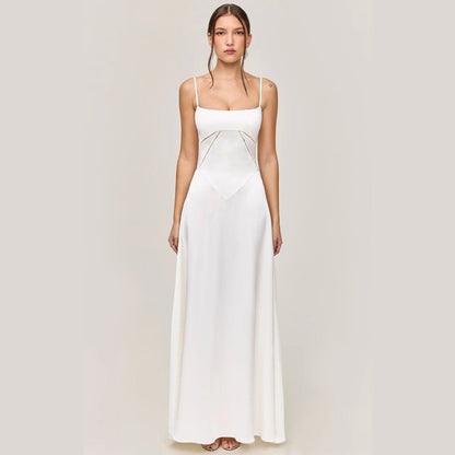 Women’s Midi Dress – Slim Fit – Satin Feel – Lace Panel – A-Line – Spaghetti Strap