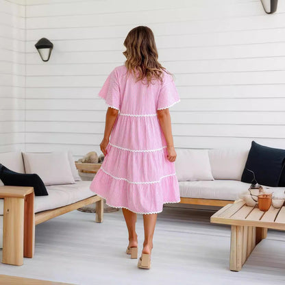 Women’s V-Neck Dress – Loose Fit – Tiered Layers with Lace Trim – Short Sleeve Cotton Blend