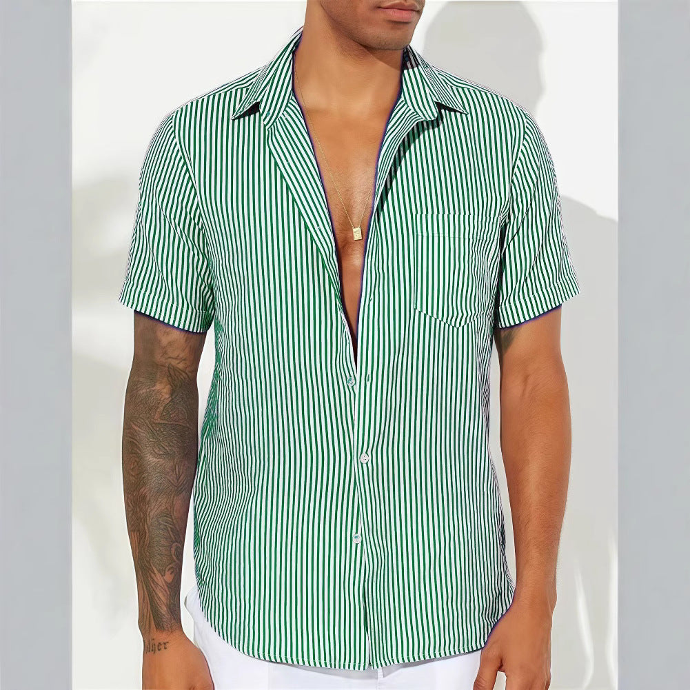Men’s Button-Up Shirt – Relaxed Fit – Short Sleeve – Vertical Stripe – Breathable Blend