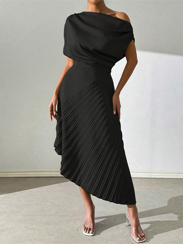 Women’s Midi Dress – One Shoulder – Fitted Draped Bodice – Pleated Asymmetrical Hem