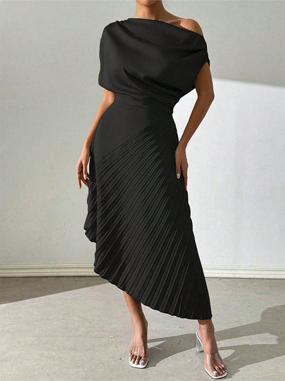 Women’s Midi Dress – One Shoulder – Fitted Draped Bodice – Pleated Asymmetrical Hem