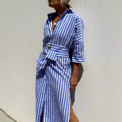 Women’s Shirt Dress – Relaxed Fit – Midi Length – Button Down – Striped