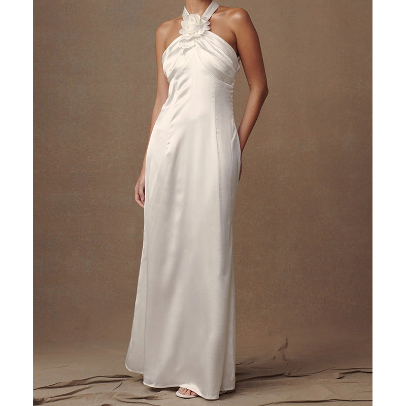Women’s Evening Dress – Satin Slim Fit – Halter Neck – Floral Embellishment – Floor Length