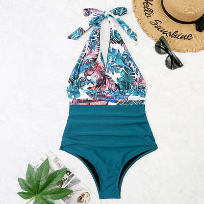 Women’s One-Piece Swimsuit – Halter Neck – Deep V Plunge – Ruched Waist – Stretch Fit