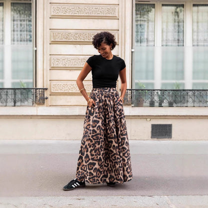Women’s Pleated Maxi Skirt – Flared Fit – Flowing Lightweight Fabric – Leopard Print