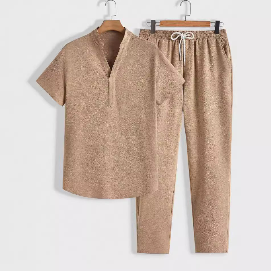 Men’s Athletic Set – Breathable Relaxed Fit – Short Sleeve Top and Drawstring Trousers