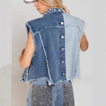 Women’s Denim Vest – Cropped Fit – Patchwork Studded – Distressed Sleeveless Style