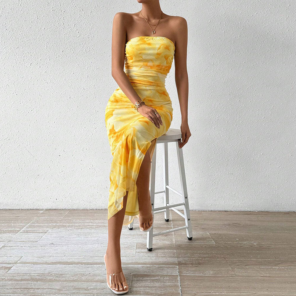 Women’s Maxi Dress – Strapless Slim Fit – Mesh Overlay – Side Slit Evening Wear